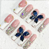 Enchanting Handmade Pink - White Nail Art with Butterfly and Crystal Embellishments D067
