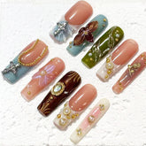 Exquisite Handmade Multicolored Nail Art with Floral and Gemstone Embellishments D051