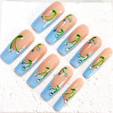 Charming Handmade Nail Art: Nude - Blue Fusion with Floral Vine and Crystal Embellishments D071