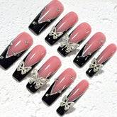 Gorgeous Handmade Pink - Black Nail Art with Crystal Butterfly Embellishments D057