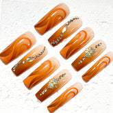 Gorgeous Handmade Nail Art: Earthy Orange - Nude Wave Design with Crystal Embellishments D062