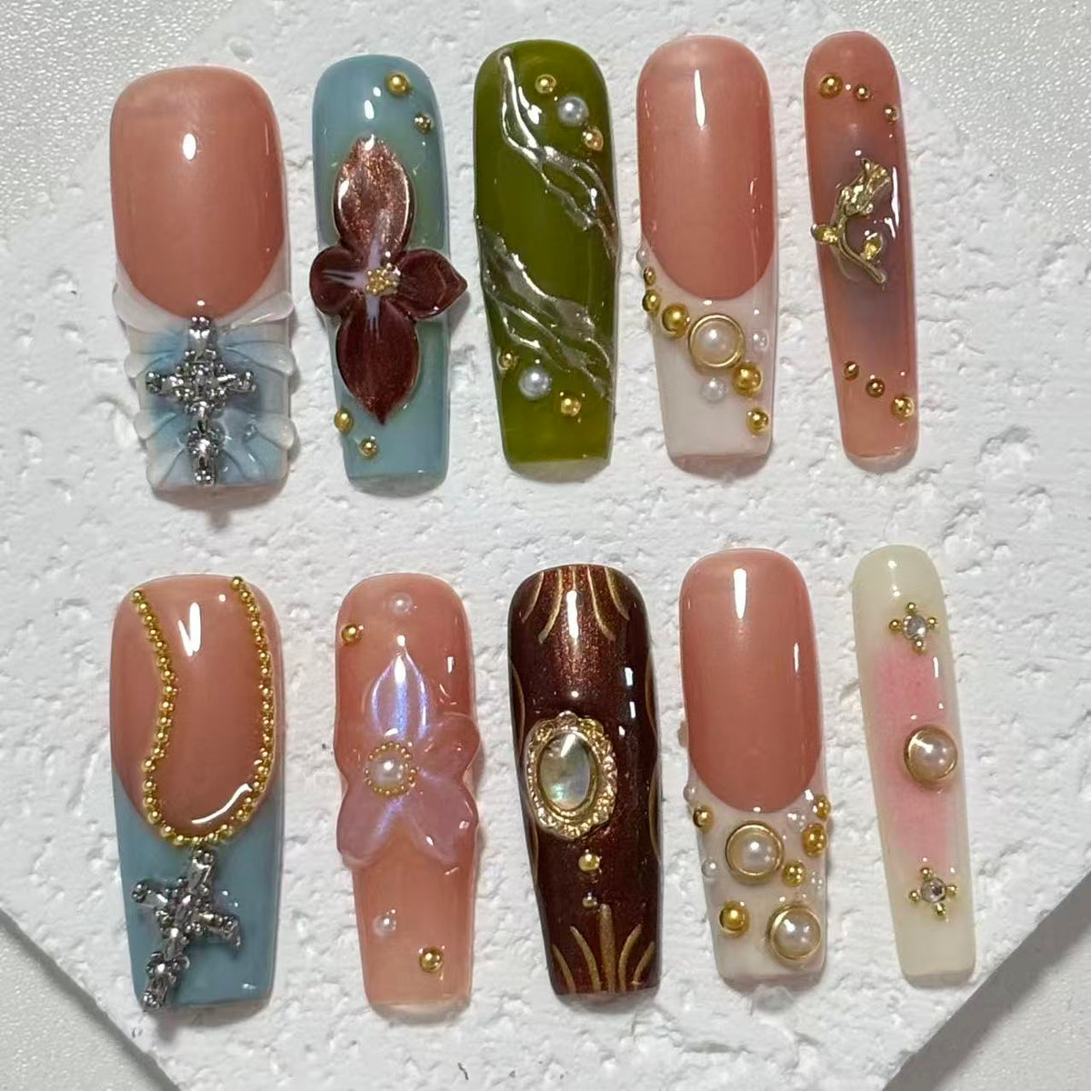 Exquisite Handmade Multicolored Nail Art with Floral and Gemstone Embellishments D051