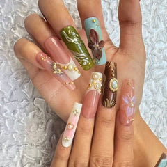 Exquisite Handmade Multicolored Nail Art with Floral and Gemstone Embellishments D051