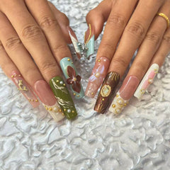 Exquisite Handmade Multicolored Nail Art with Floral and Gemstone Embellishments D051
