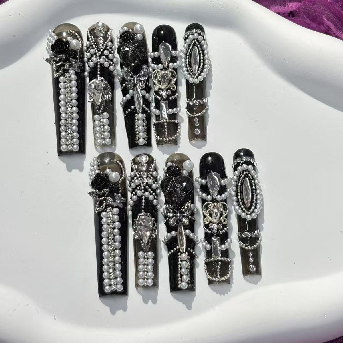 Pearl - Encrusted Noir Handmade Nails G014