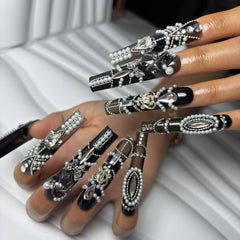 Pearl - Encrusted Noir Handmade Nails G014