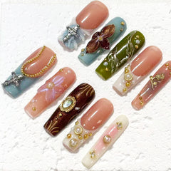 Exquisite Handmade Multicolored Nail Art with Floral and Gemstone Embellishments D051